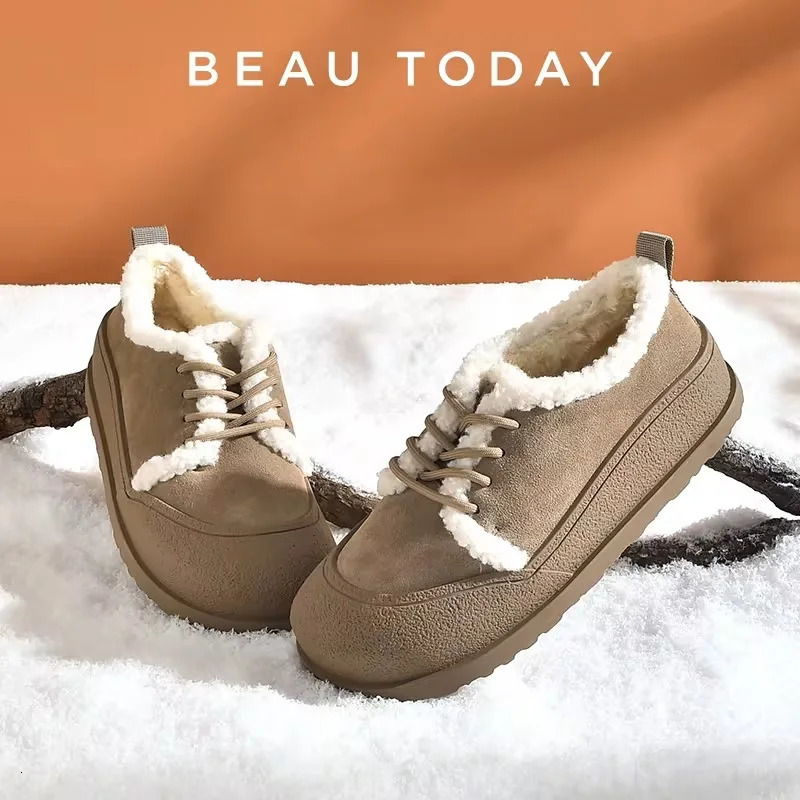 Beautoday Winter Apartment Womens Cow Fleece Patch Work Round Toe Warm Short Plush Cross Tie Decoration Womens Flat Shoes Handmade 22810 241213