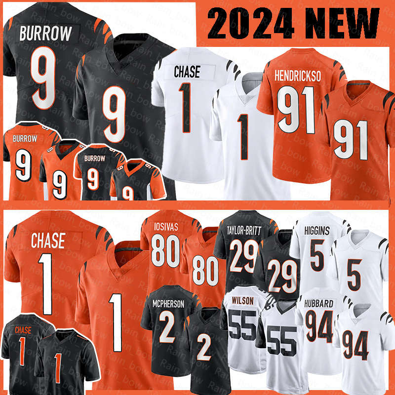 9 Joe Burrow Football Jerseys Andrei losivas Trey Hendrickson Ja'Marr Chase Evan McPherson Cam Taylor-Britt Tee Higgins Sam Hubbard Logan Ted Karras Amarius Mims
