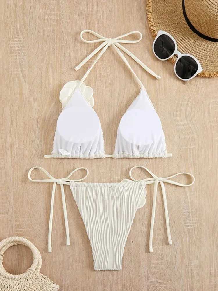 OIINAA Swimsuit Women Sexy 3D Rose Flower Bikini Set Solid Halter Swimwear Drawstring Lace Up Biquinis Two-pieces Bathing SuitXJ241212