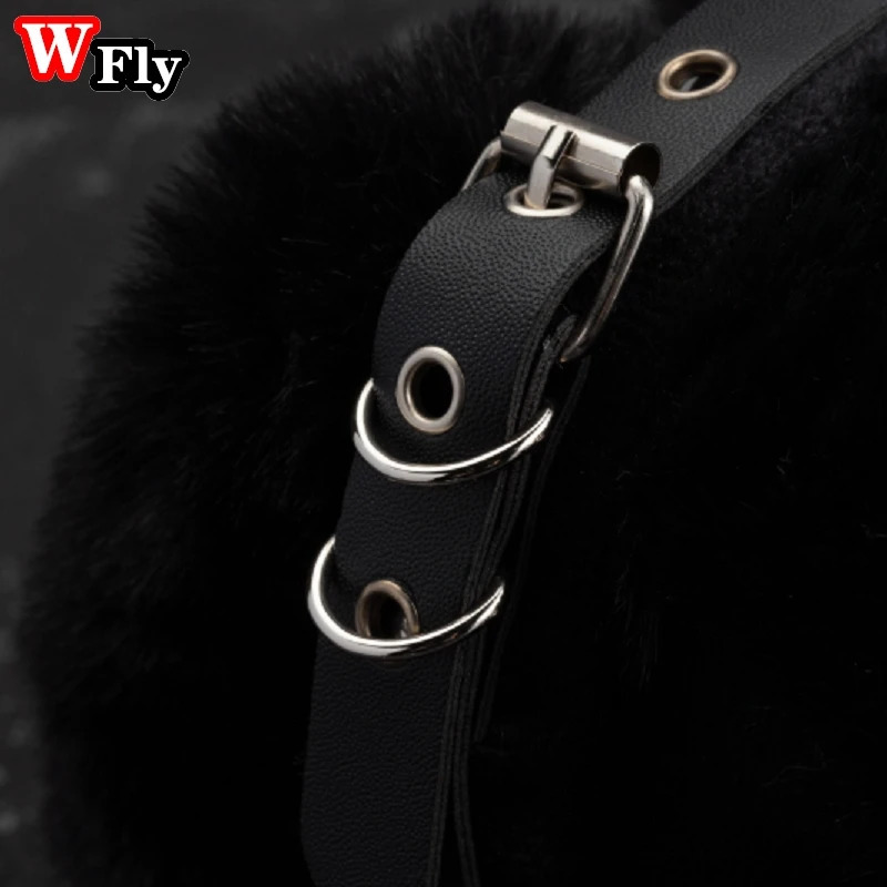 Y2K Gothic Lolita Womens Punk Rivet Warm Earrings Womens Winter Warm Black Fur Earrings Foldable Headband Accessories 241211