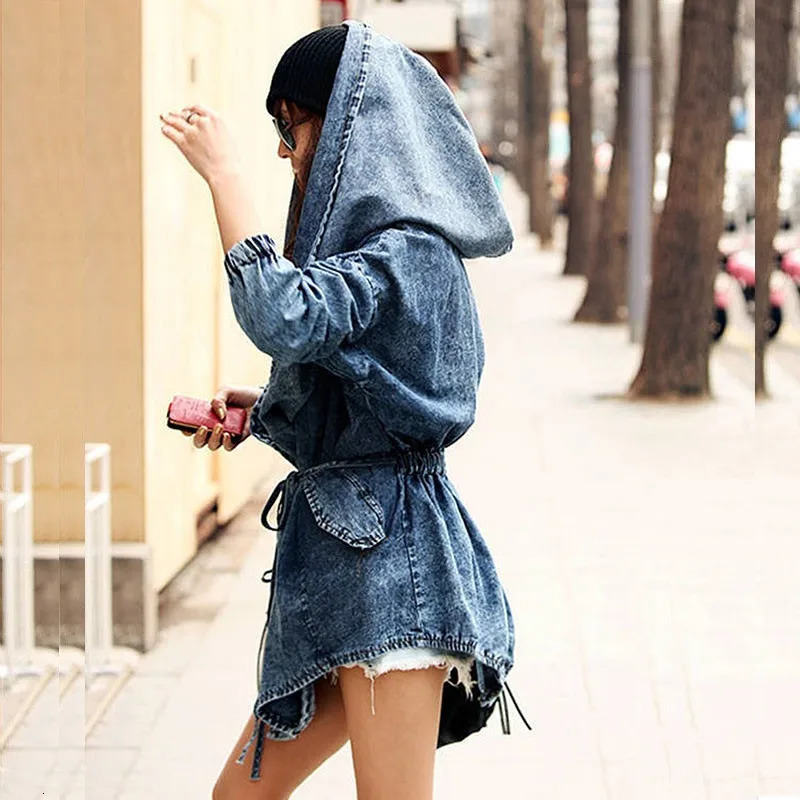 Autumn Womens Retro Hoodie Cowboy Coat Elastic Waist Lace Top Batwing Sleeve Blue Jeans Jacket Korean Loose Casual Street Wear 241211