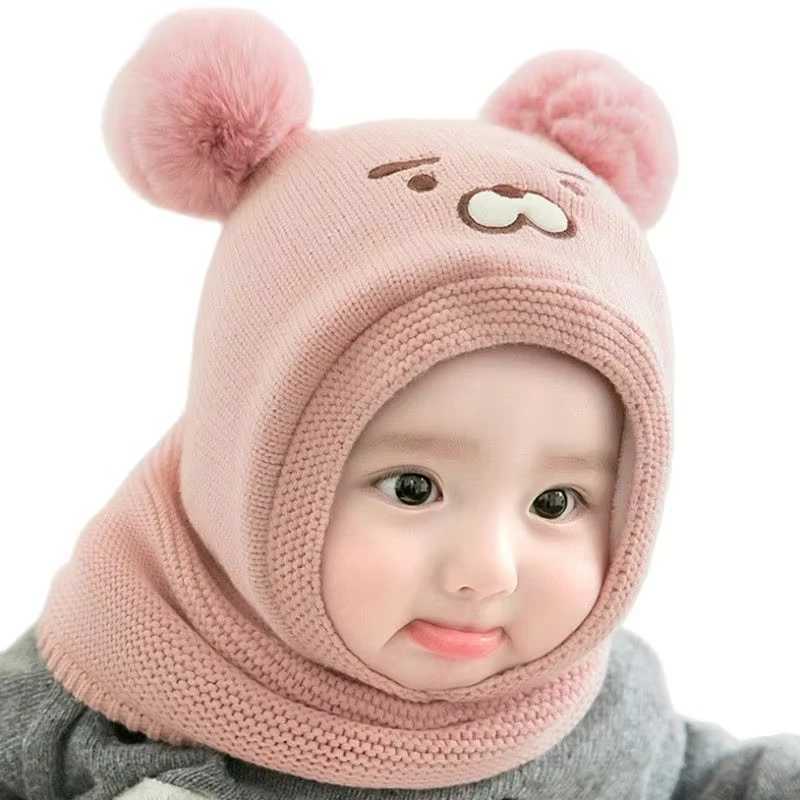 Cute Pompom Knitted Kids Hooded Beanie One Piece Scarf Cap Winter Baby Balaclava Hat Toddler Girl Boy Ear Protection Warm HatsXJ241213