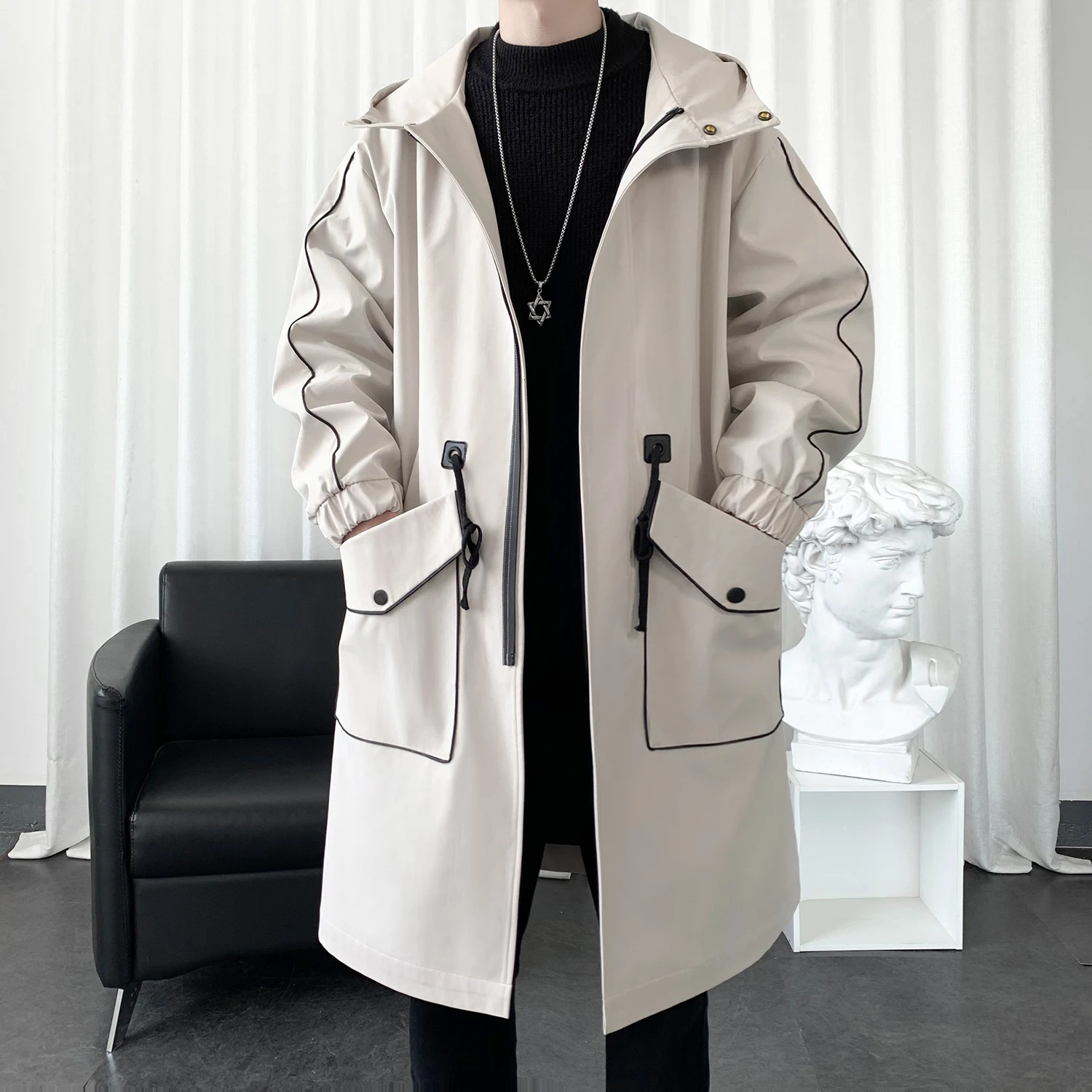 Males Long Windbreaker Hooded Trench Coat Contrasting Loose Oversized Jacket Patchwork Casual Tops Pocket Waistband Man Clothing 241213