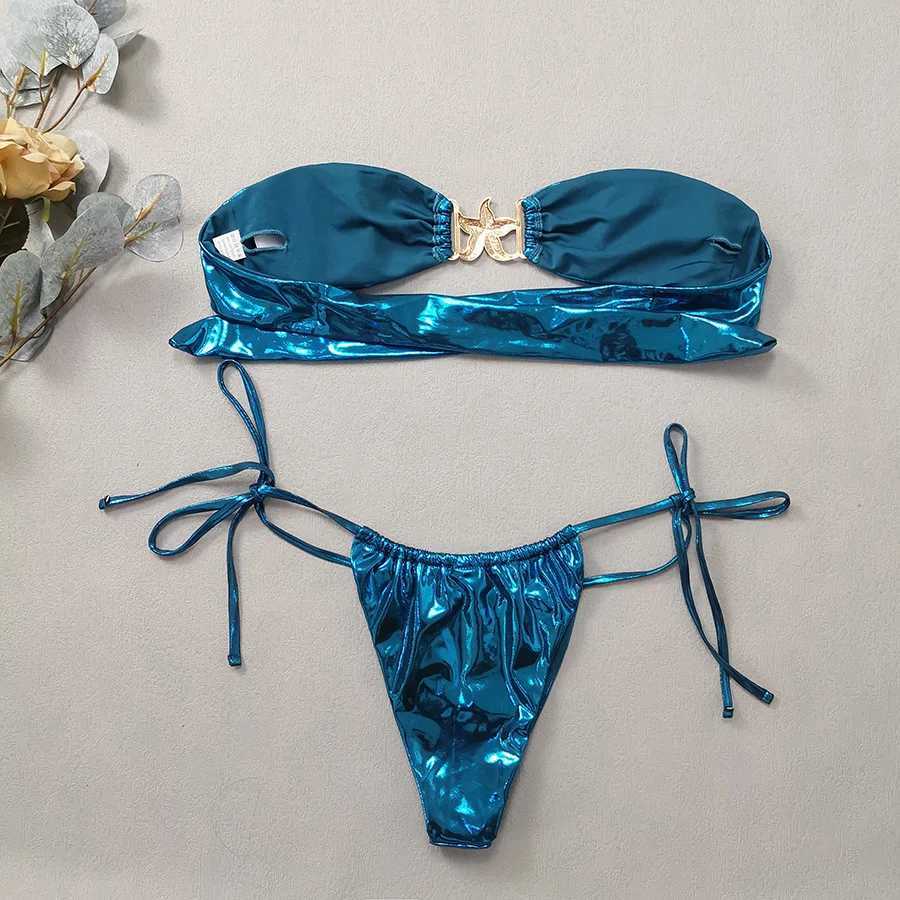 2024 G Blue Glossy Bikini Womens Clothing Swimsuit Summer Beach Vacation Outfits Thong Bathing Suit Bandeau ss SwimwearXJ241212