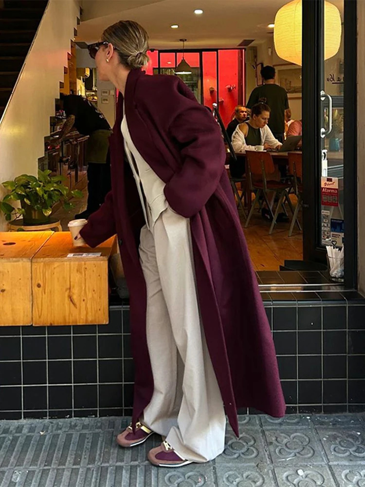 Fashion Double Breasted Long Coat Women Burgundy Red Loose Lapel Pocket Sleeve Coats Autumn Winter High Street Outwear 241213