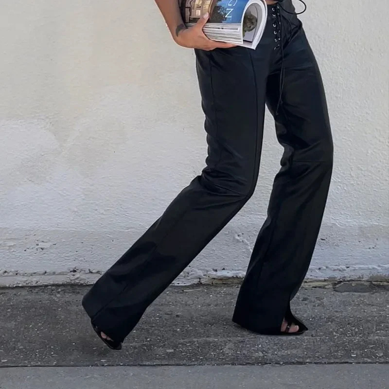 Casual loose crossover womens Pu leather pants autumn fashion straight leg low waist casual womens Trouser 241205