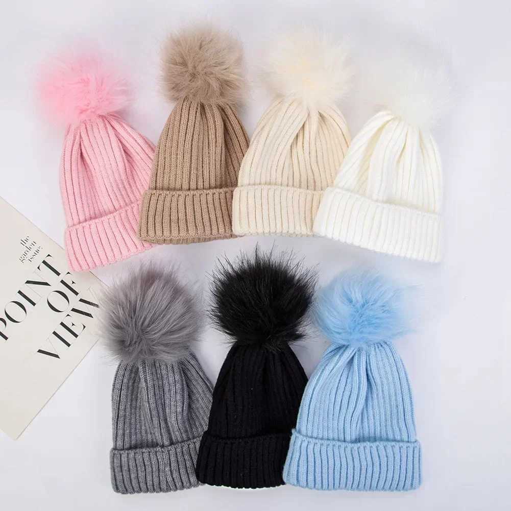 0-14Y Baby Bobble Hat Children Knitted Ski Beanie Girl Boy Winter Warm Hat Artificial Pompom Bonnet Kids Skullcap Newborn HatXJ241213