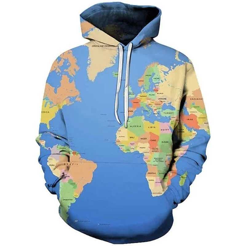3D World Map Printing Mens Hoodies Fashion Street Clothing Hoodies Sportswear Cool Winter Pulleys Harajuku 7 Hoodies W241213