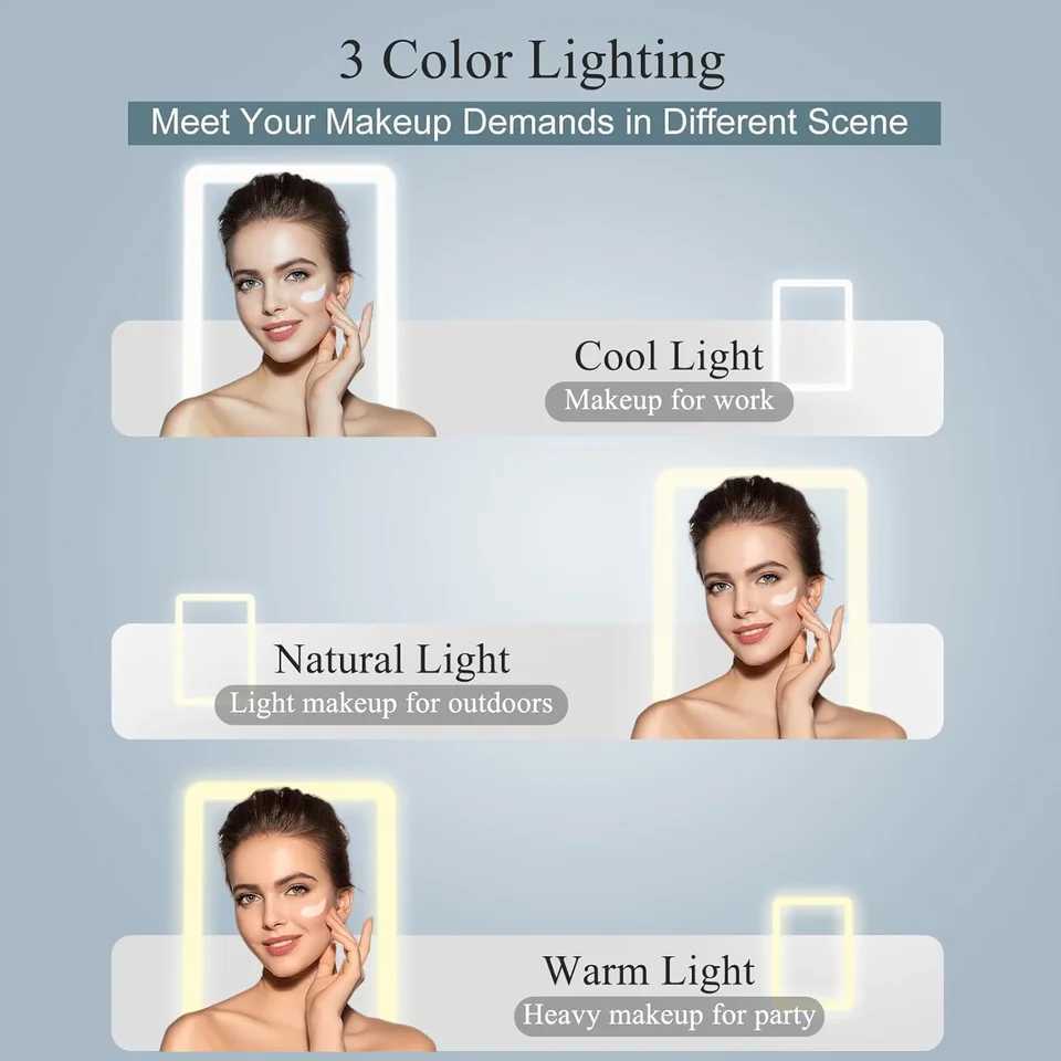 LED Foldable Travel Makeup Mirror 3 Colors Light Modes USB Rechargeable Touch Screen Portable Tabletop Cosmetic Mirror WhiteXJ241213