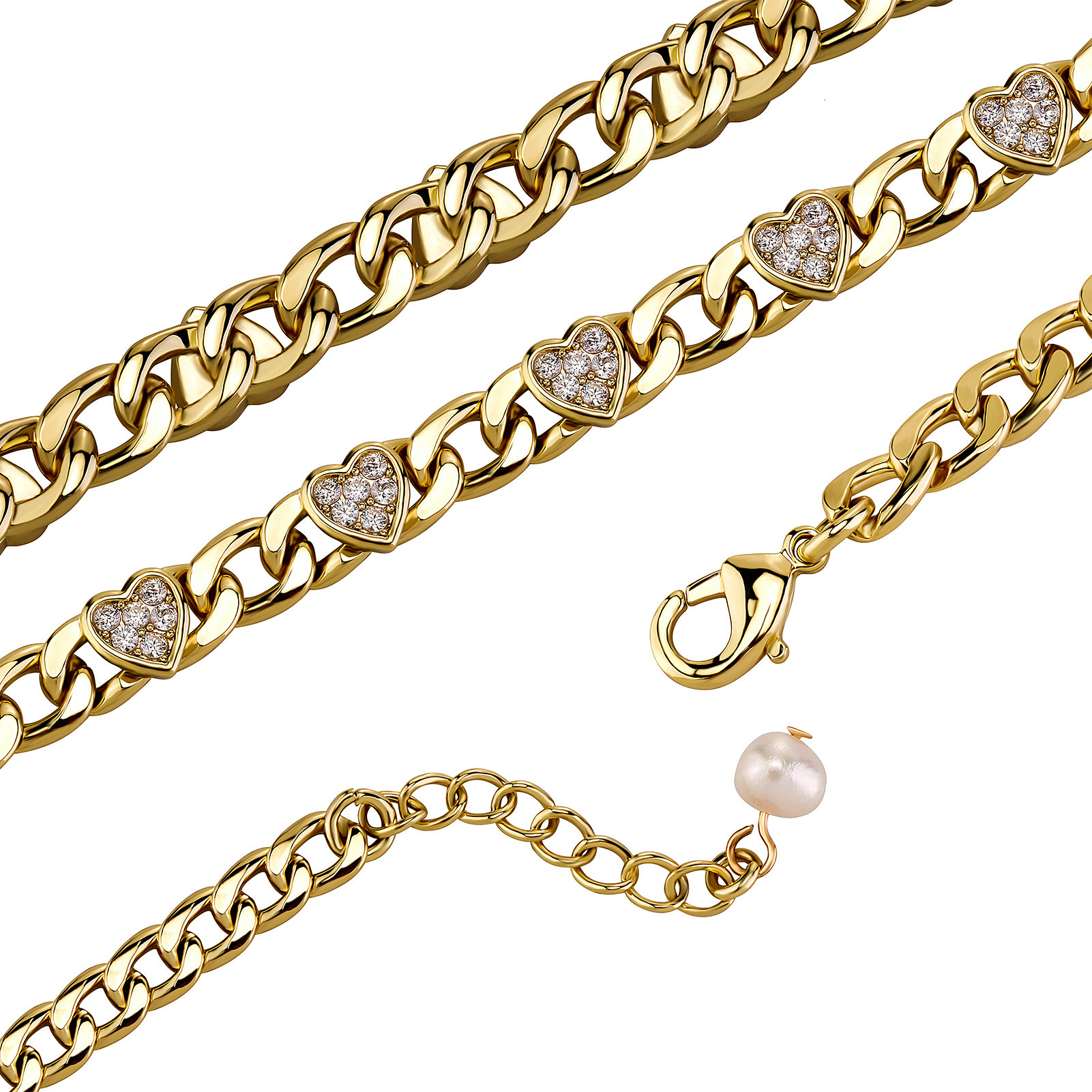 Boutique Pearl Love Heart Charm Cuban Link Chain Bracelet For Women Shiny Cubic Zirconia Trendy Couple Bracelets 18k Gold Color Preserved Wolf Tide Bi