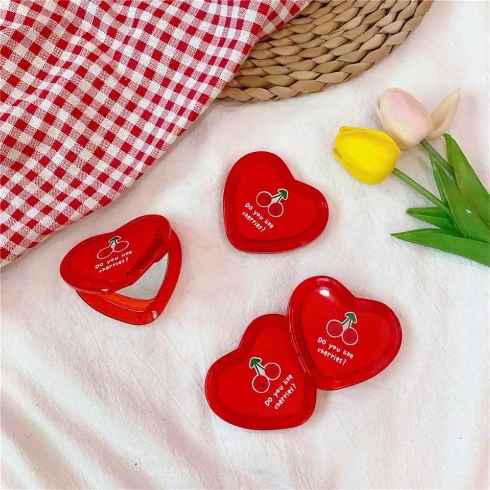 Mini Makeup Mirror Red Cherry Pattern Heart Shaped Portable Pocket Mirror Double-Sided Folding Cosmetic Mirror Women GiftsXJ241213