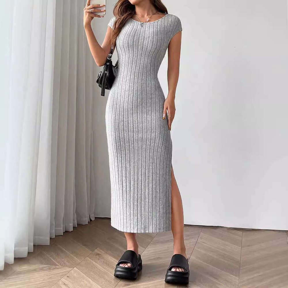 European and American women's clothing 2024 summer new round neck short sleeved backless temperament sexy slit dress