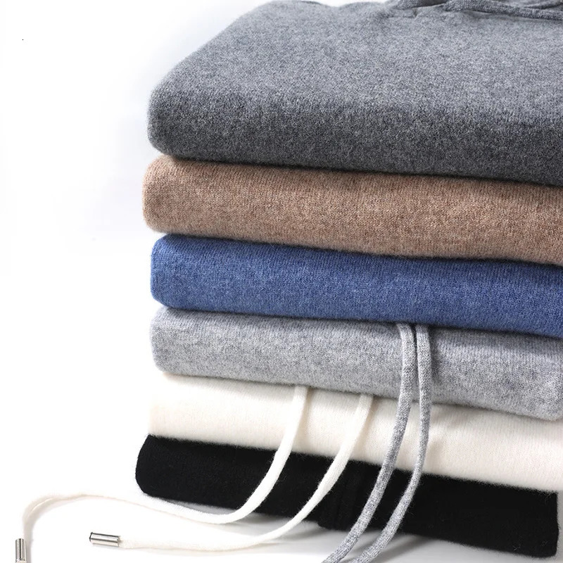 DjzDsm Autumn Winter Merino Sweater Mens 100% Wool Hooded Collar Knitted Pullover Casual long Sleeved Hoodie 241213