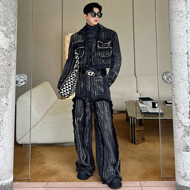 LUZHEN Denim Trendy Set Two Pieces Hand Dyed Painted Men Fashion Big Pockets Short Jacket Straight Wide Leg Jeans Autumn 63d806 241213