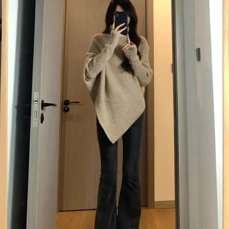 Autumn and Winter Womens Sweater Korean Fashion Casual Turtle Neck Solid Asymmetric Loose Batwing Sleeve Pulling Flower Knitted Top 241212