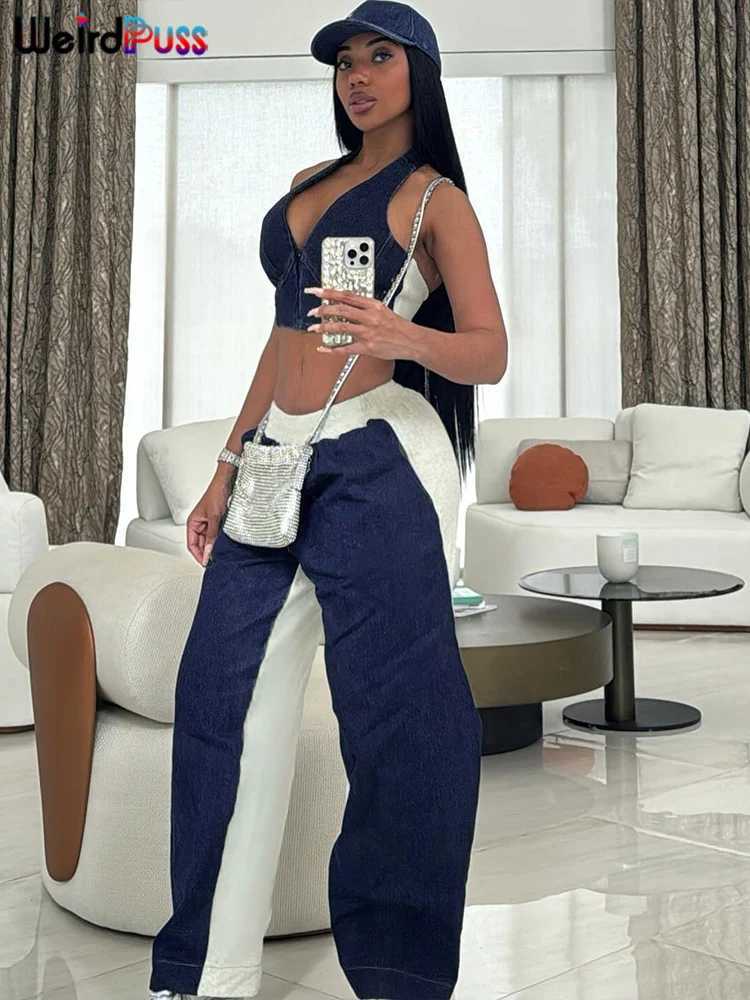 Women's Two Piece Pants Weird Puss Sporty Women 2 Piece Set Tracksuit Zip Halter Single-Breasted Tank Tops+Straight Pants Matching Strtwear Outfi