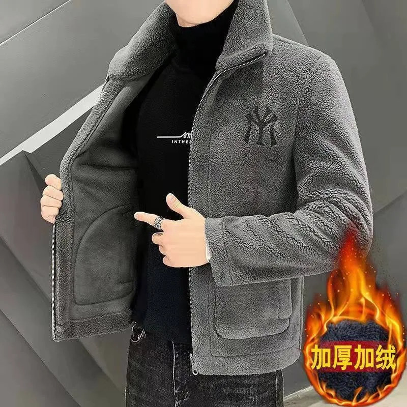 Mens Autumn and Winter Lamb Wool Jacket Lapel with Thick Fleece 241213