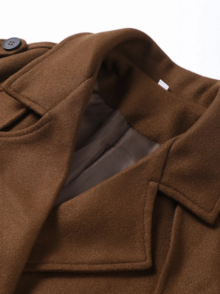 Elegant Woolen Women Long Coat With Belts Solid Double Breasted Turndown Collar Casual Lady Autumn Vintage Outwear 241213