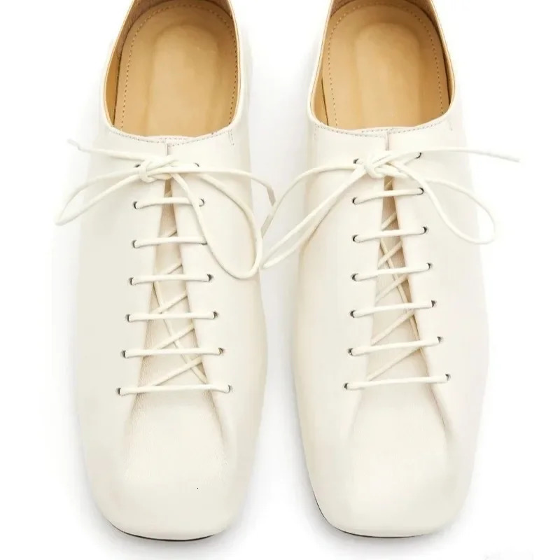 2024 Spring/Autumn Leather Shoes for Womens Casual Lace Flat Top Single Shoes Square Toe Solid Color Loafers Office Womens Shoes 241213
