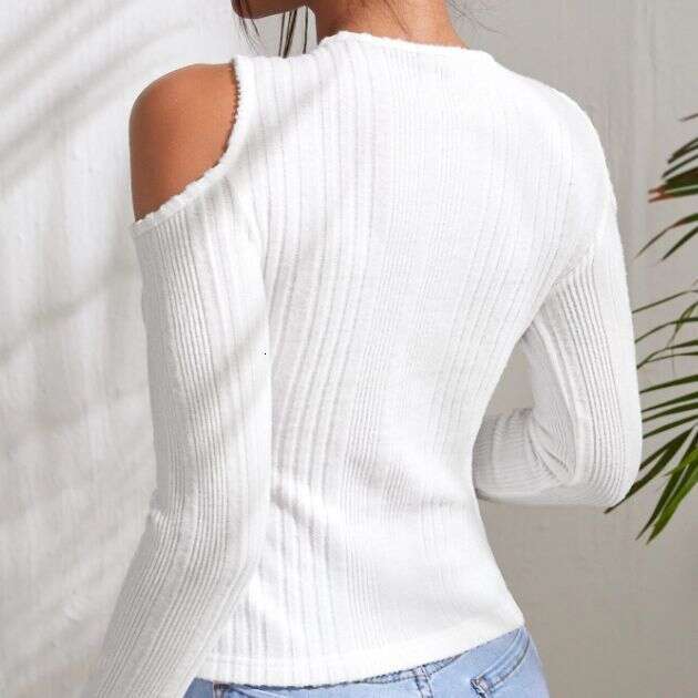 European and American personality 2023 autumn new product round neck off shoulder slim fit long sleeved T-shirt women, casual knitted top for women