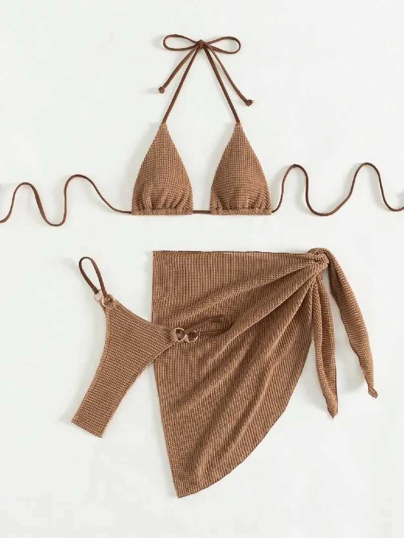 Sexy Brown Bikini Set 2024 Women Halter Push Up Bra Skirt 3 Piece Swimsuit Summer Bathing Suit Cover Up Thong Swimwear BiquiniXJ241212