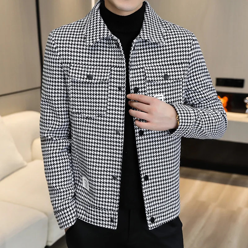 High Quality Plaid Woolen Jacket Men Autumn Winter Casual Business Short Trench Coat Social Overcoat Streetwear Windbreaker 241213