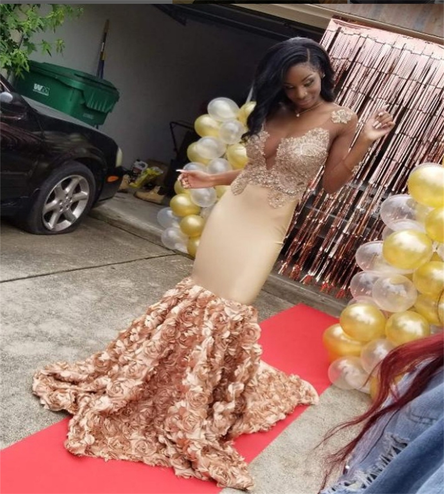 Gold Mermaid Evening Dress With Florals Black Girls Lace Prom Dresses Long Sleeve Sixteen Birthday Party Gown Elegant Second Reception Dress Birthday 