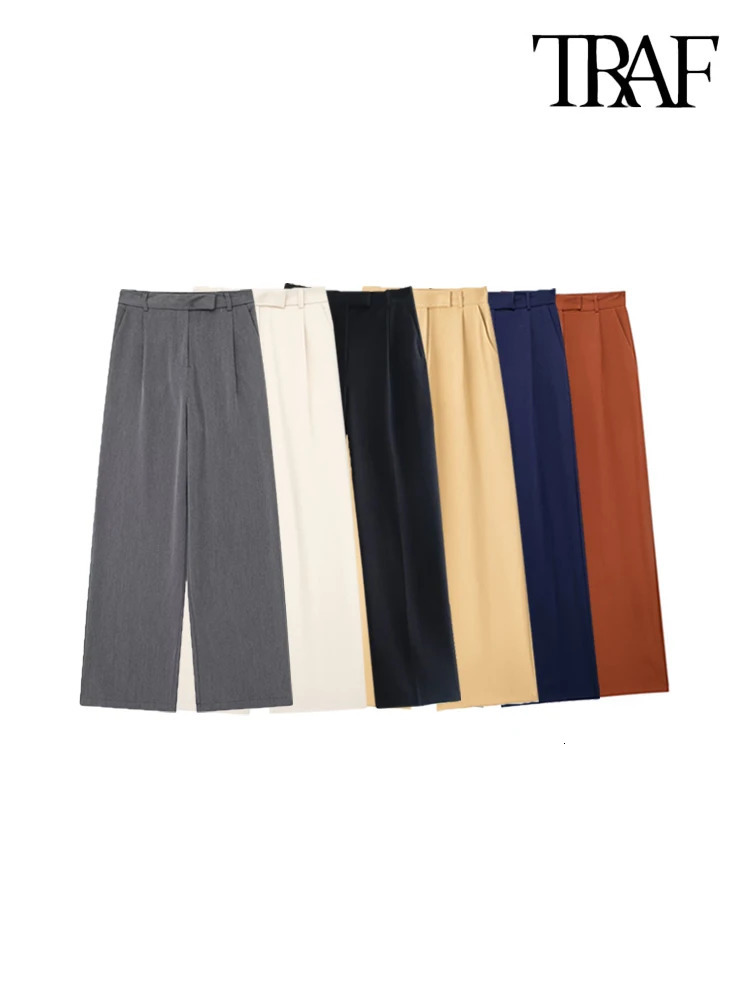 TRAF Women Fashion With Darts Front Pockets Wide Leg Pants Vintage High Waist Zipper Fly Female Trousers Mujer 241203Z