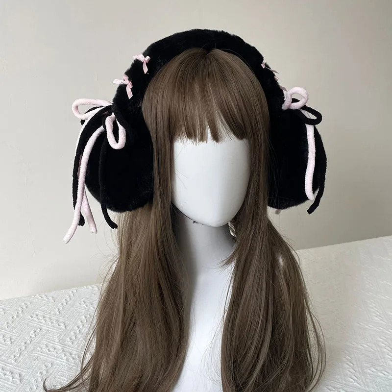 Kawaii Japanese Bow Earrings Plush Headwear Eartips JK Womens Winter Warmth Earplugs Cold Protection Eartips Bicycle Accessories 241211
