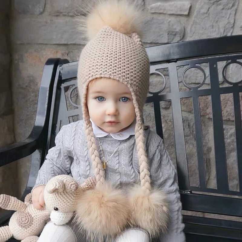 Winter Baby Beanie Hat Children Earflap Cap Kids 3 Pompom Fur Wool Hat Natural Real Fur Pom Hat For Girls BoysXJ241213