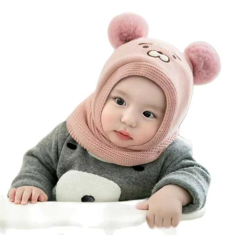 Cute Pompom Knitted Kids Hooded Beanie One Piece Scarf Cap Winter Baby Balaclava Hat Toddler Girl Boy Ear Protection Warm HatsXJ241213