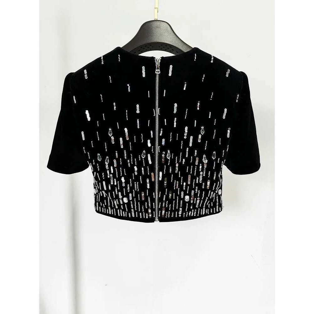 Ladies Suits TOP QUALITY Newest Designer Suit Women's Short Sleeve Stunning Beaded Veet Cropped Tops Mini Skirt Set 2Pcs