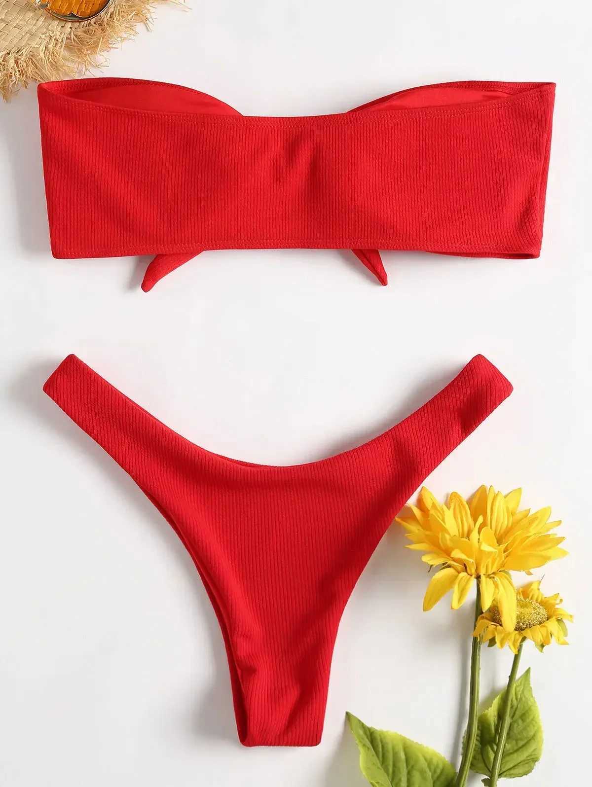 Womens Sexy Tube Top Bow Split Bikini Swimsuit Swim trunks Swimming Suit For Women Biquini Traje De Bano Pants Bikini BadeanzugXJ241212