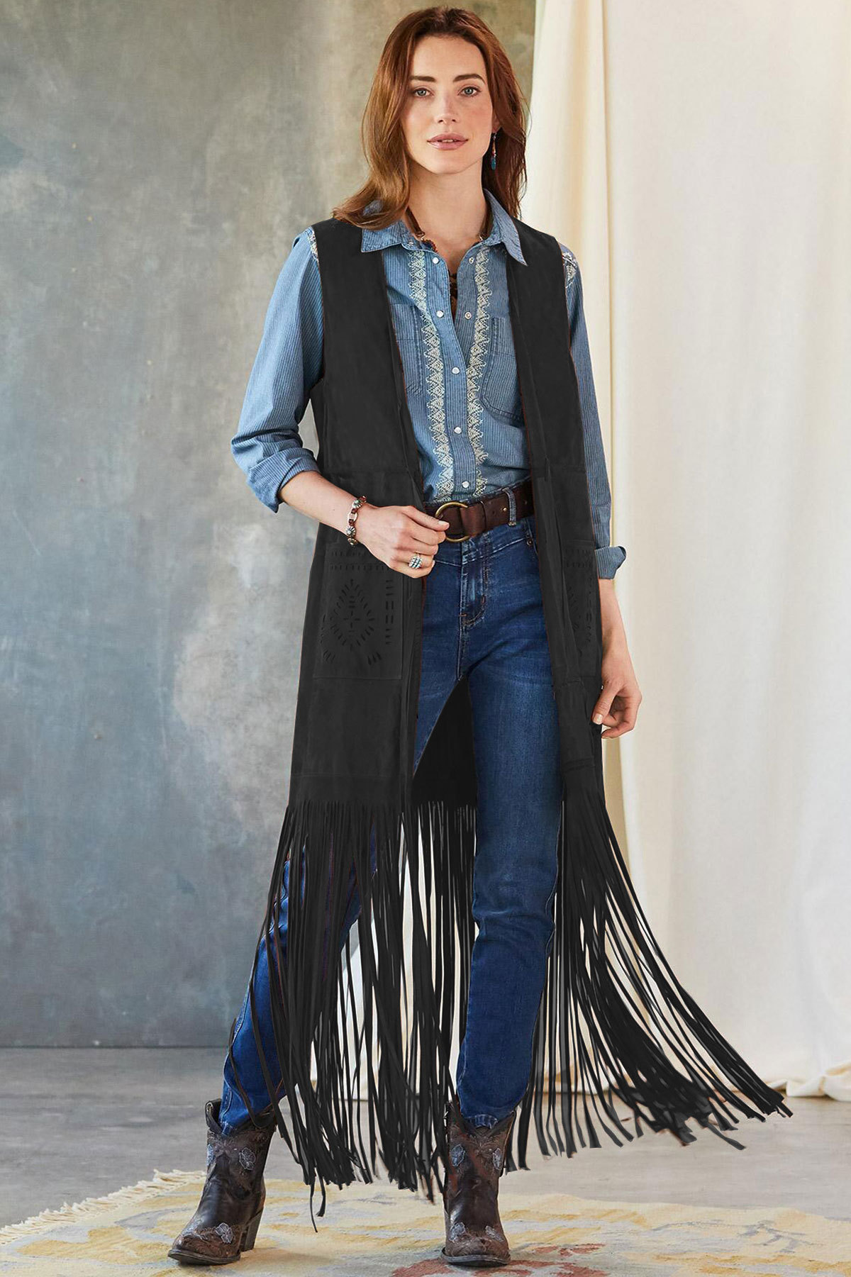 Women's Vests Western Fringed Vest Open Front Fringed Vest Cardigan Women's Fringe Tassel Vest with Patch Pockets Loose for Cowboy
