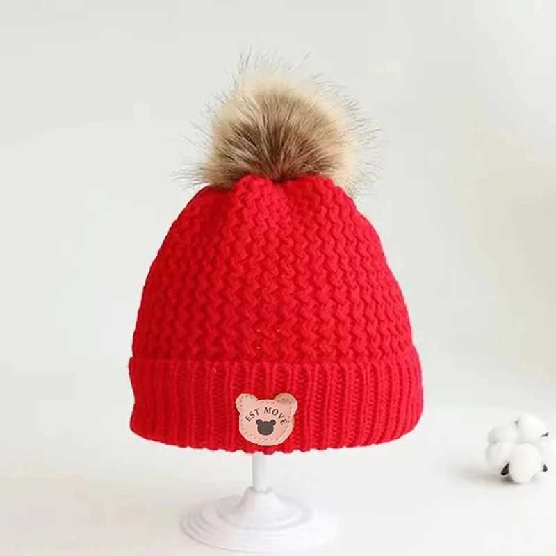 Fall Winter Baby Knit Hat Bear Leather Label Thicken Fleece Cap for Boy Girls Cute Pompom Kids Beanie Infant AccessoriesXJ241213