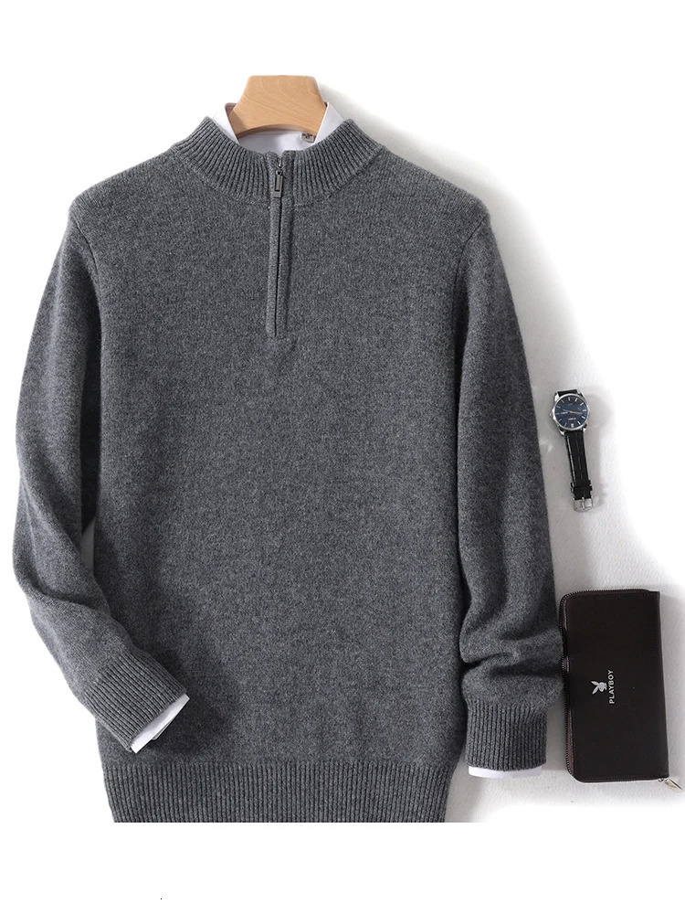 Men Mock Neck Zipper Sweaters 100% Merino Wool Pullover Casual Fashion Clothing Autumn Winter Thick Cashmere Knitwear Tops 241213
