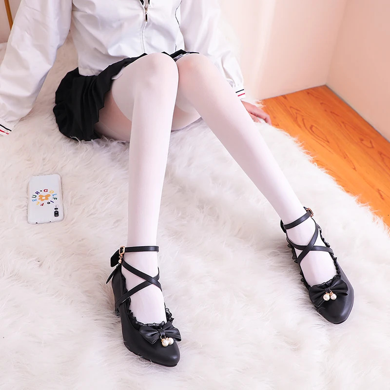 40-43-45-48-50 Large size Lolita style high heels 5cm high round toe crossed with thick heel flat cute bow flat black transformer princess shoes 24121