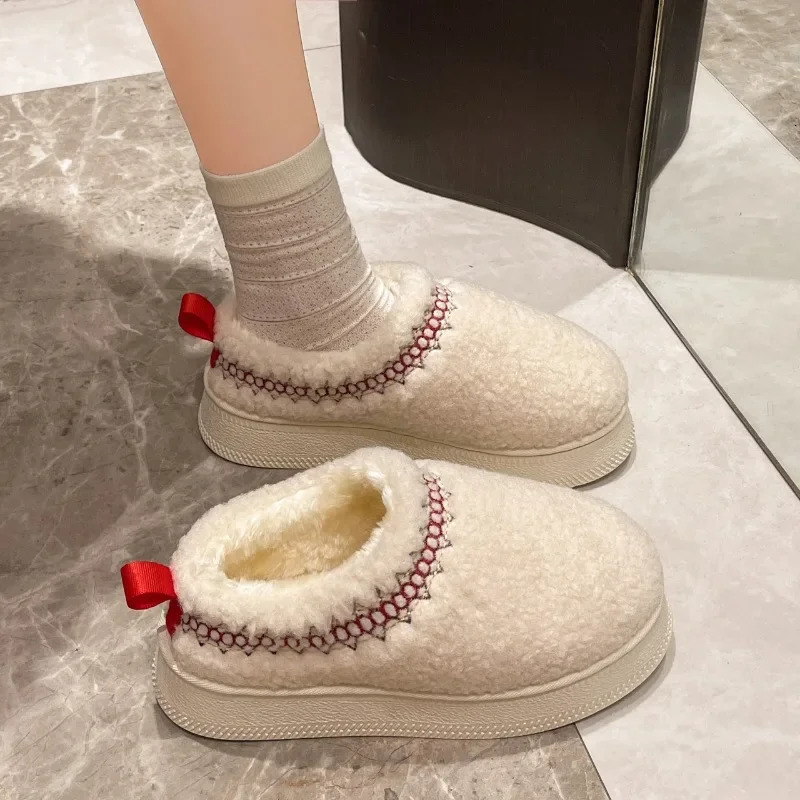 Warm Fur Ankle Boots Women Flats Platform Slippers Plush Flip Flops Winter Cotton Shoes for Women Snow Botas 241212