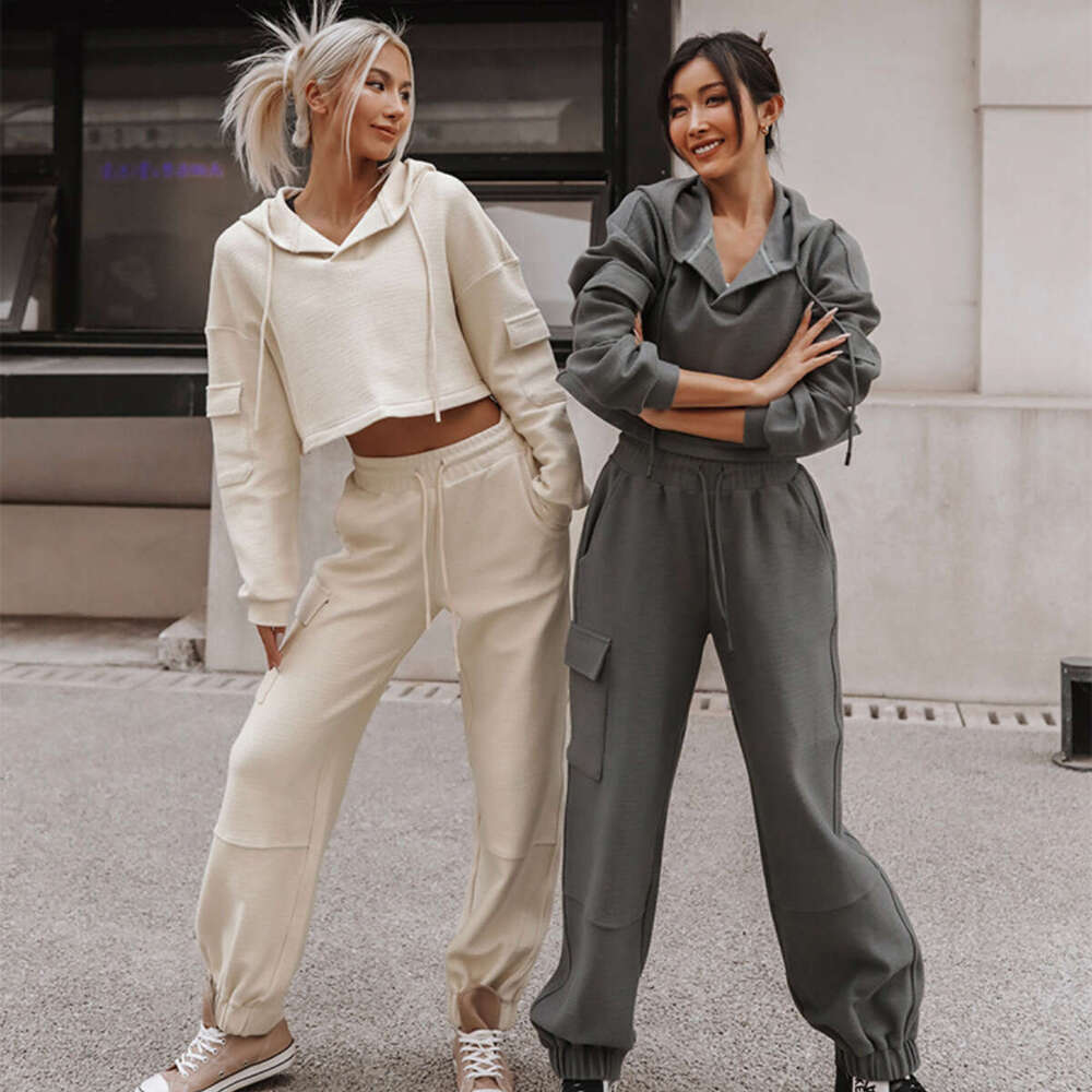 New Long Sleeved Pocket Hooded Sports Suit European American Foreign Trade, Two-Piece Set For Women's Trendy Clothing, Fashionable And Casual Tem