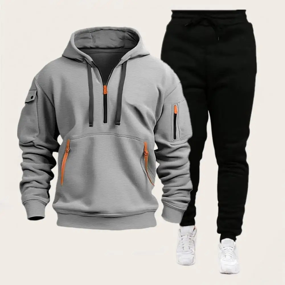 2 piecesset 2024 cotton shoulder hooded sweatshirt mens loose zipper set 241211