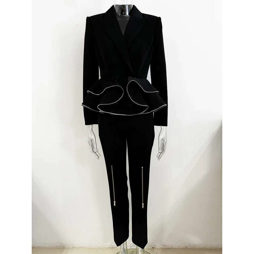 Ladies' Suit HIGH QUALITY Newest Fashion Designer Set Women's Zipper Ruffle Edge Blazer 2Pcs Pants Suit