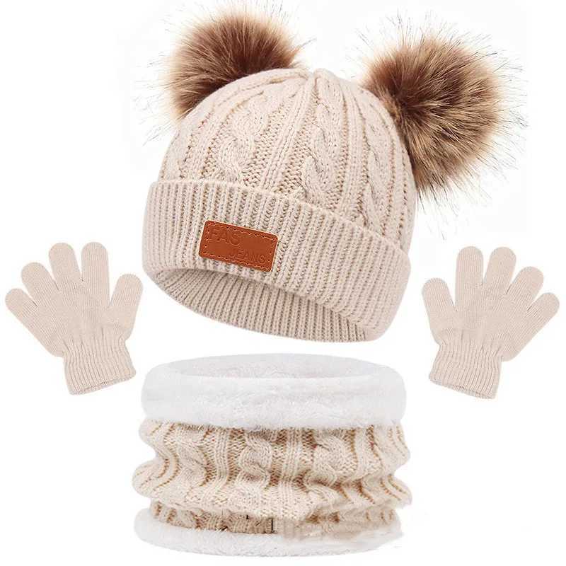Scarves Wraps 1-5Y Autumn Winter Children Baby Knit Gloves Hat Scarf 3pcs Suit Fur Balls Outdoor Windproof Warm Kids Muffler Cap for Boy Girl H241213