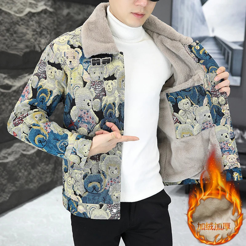 Autumn Winter Fashion Trend Bear print Wool Coat Mens Casual Loose Thicken Warm High Quality turndown collar Jacket 241213