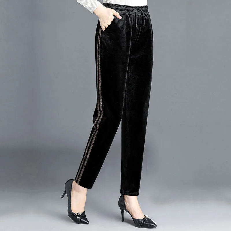 Winter womens gold velvet pants casual loose straight pants womens autumn elastic waist Trousers 5XL black W24 241205