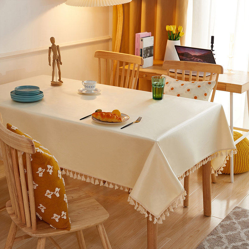 Solid Color Fringed Lace Rectangular Tablecloth Simple Film, Oil-proof and Wear-resistant