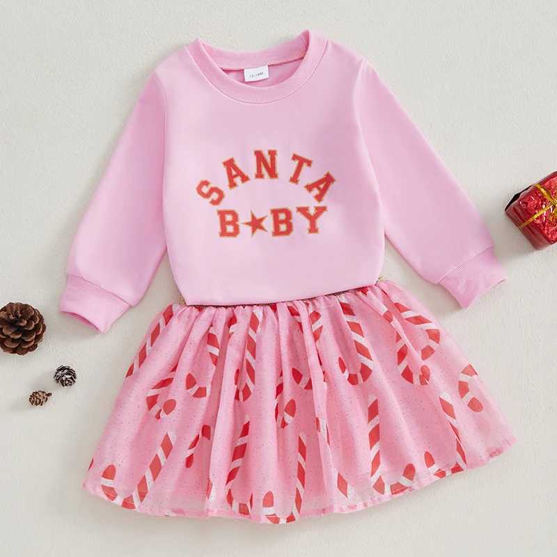 2 pieces of round neck long sleeved sweatshirt+candy canvas printed chiffon ski set for children and girls Christmas set baby clothing W241213