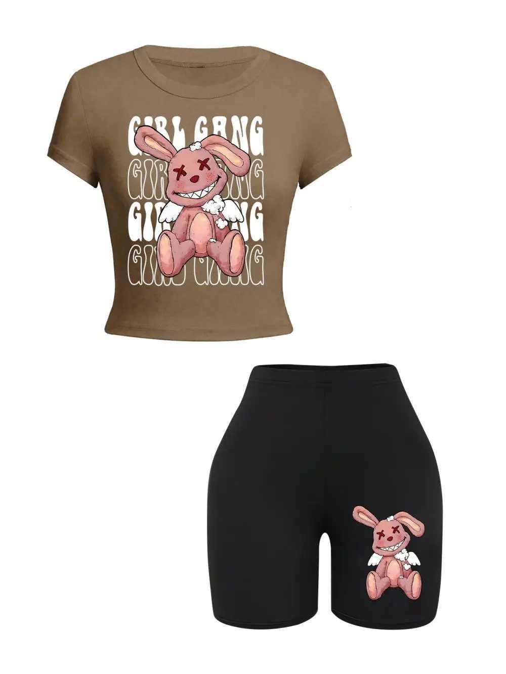 Women's Two Piece Pants Sporty Womans Crop Tops Shorts Two Pieces Set Girl Gang Bad Laughing Rabbit Prints T-Shirts High Elastic Soft Slim Clothe