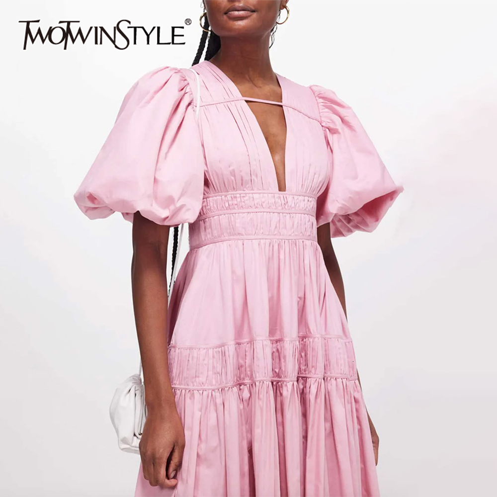 Patchwork Folds Dresses For Women V Neck Puff Sleeve High Waist Solid Chic A E Mini Dress Female Fashion Clothes