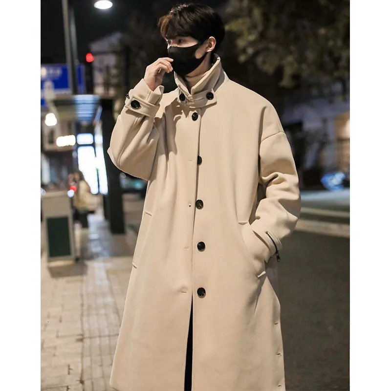 Mens standing collar wool trench coat mens side button casual loose Korean high-end winter thick elegant fashion coat 241211