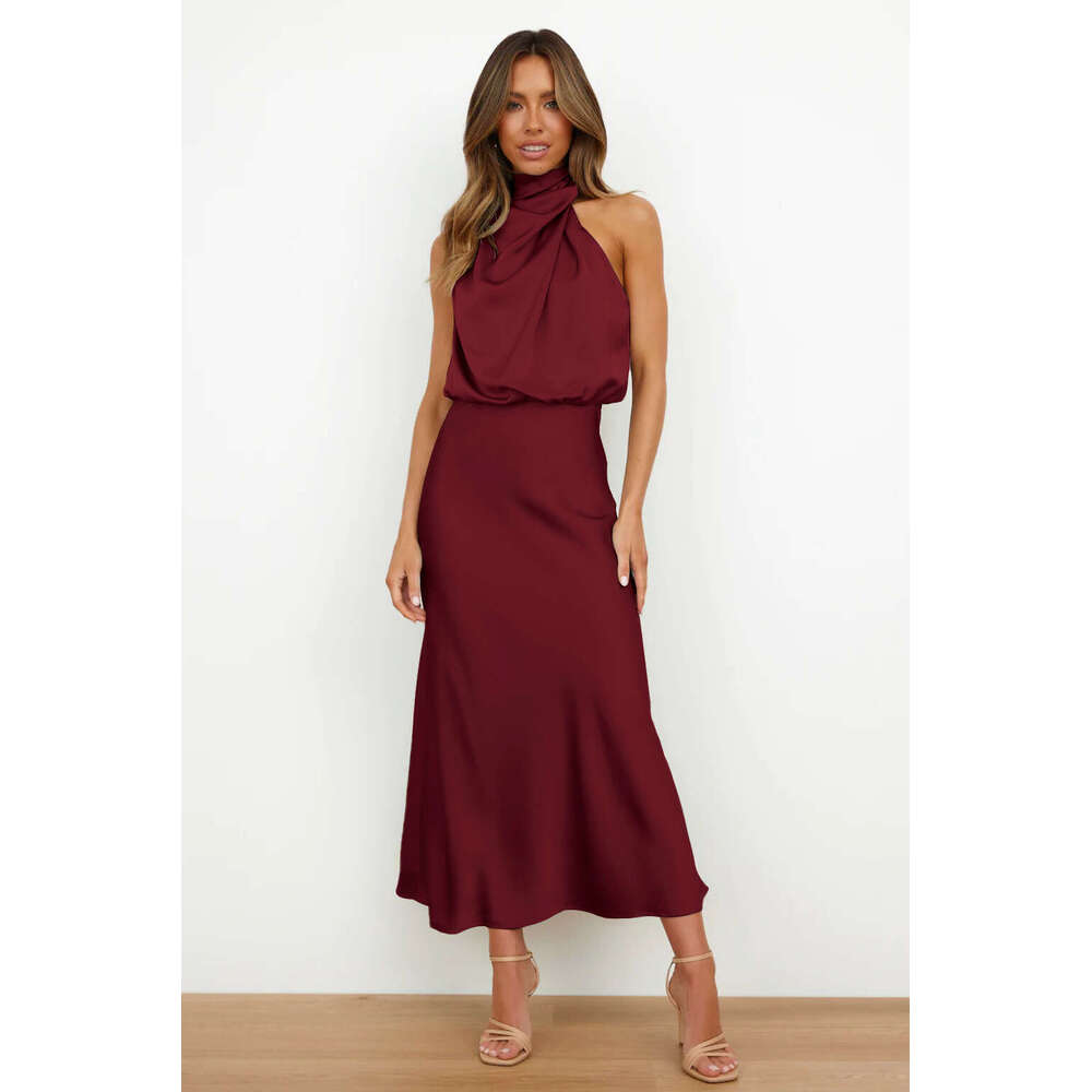 European American Spring And Summer New Women's Clothing Solid Color High-End Feeg Satin Sleeveless Elegant Temperament Dress Fashionable Quality